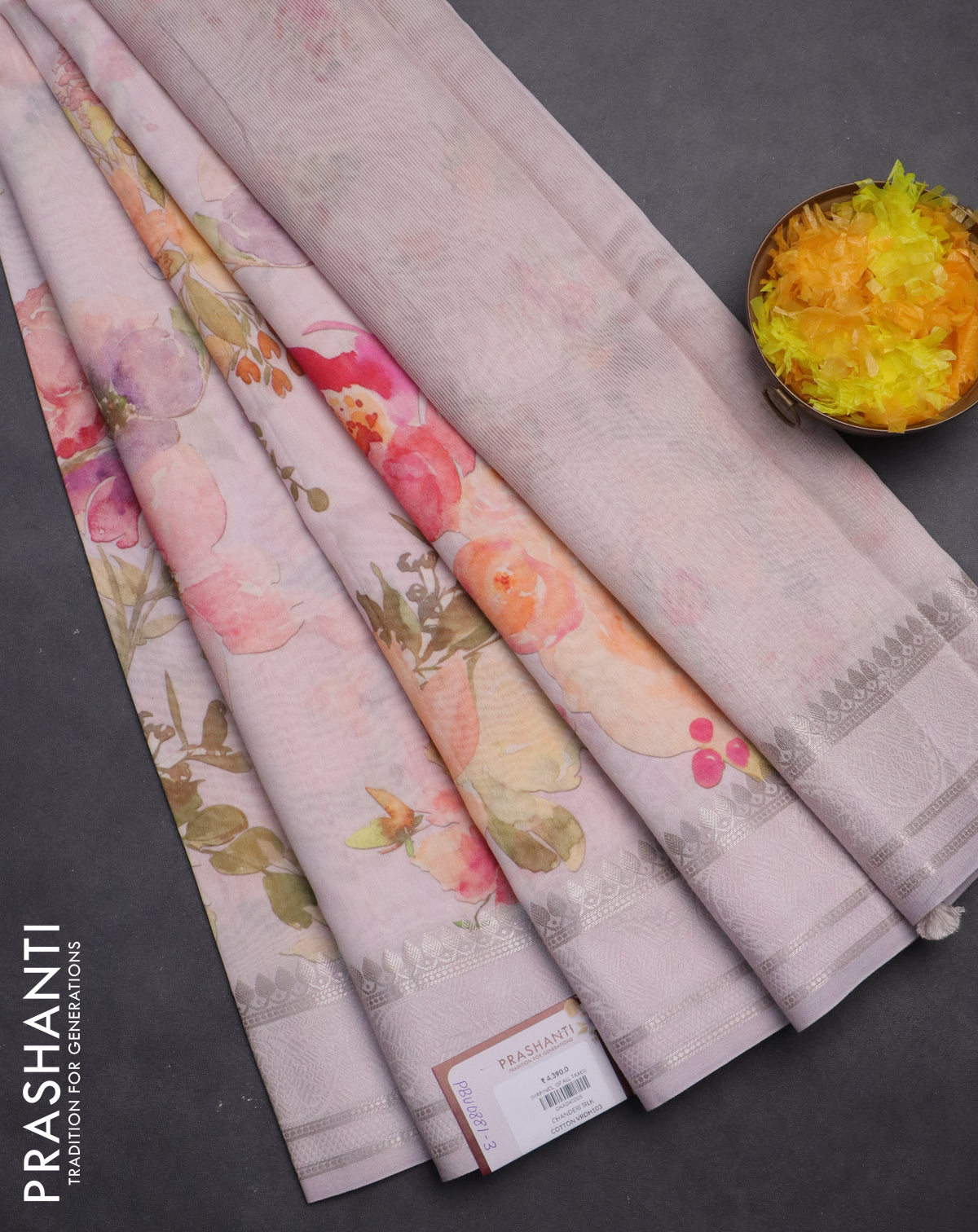Chanderi silk cotton saree baby pink with allover floral digital prints and thread & zari woven border