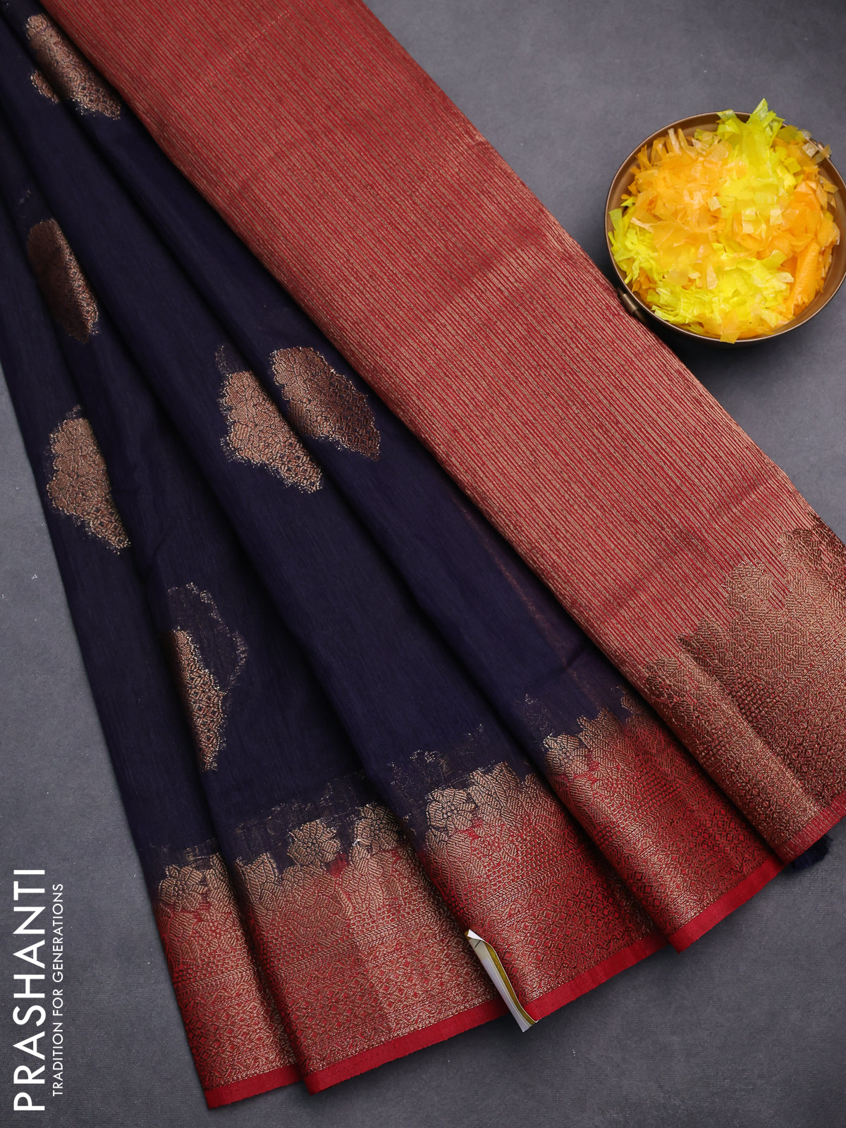 Banarasi semi matka saree navy blue and red with thread & zari woven floral buttas and banarastyle border
