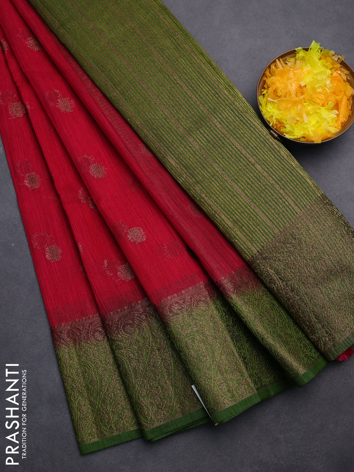 Banarasi semi matka saree pink and mehendi green with thread & zari woven buttas and banarastyle border