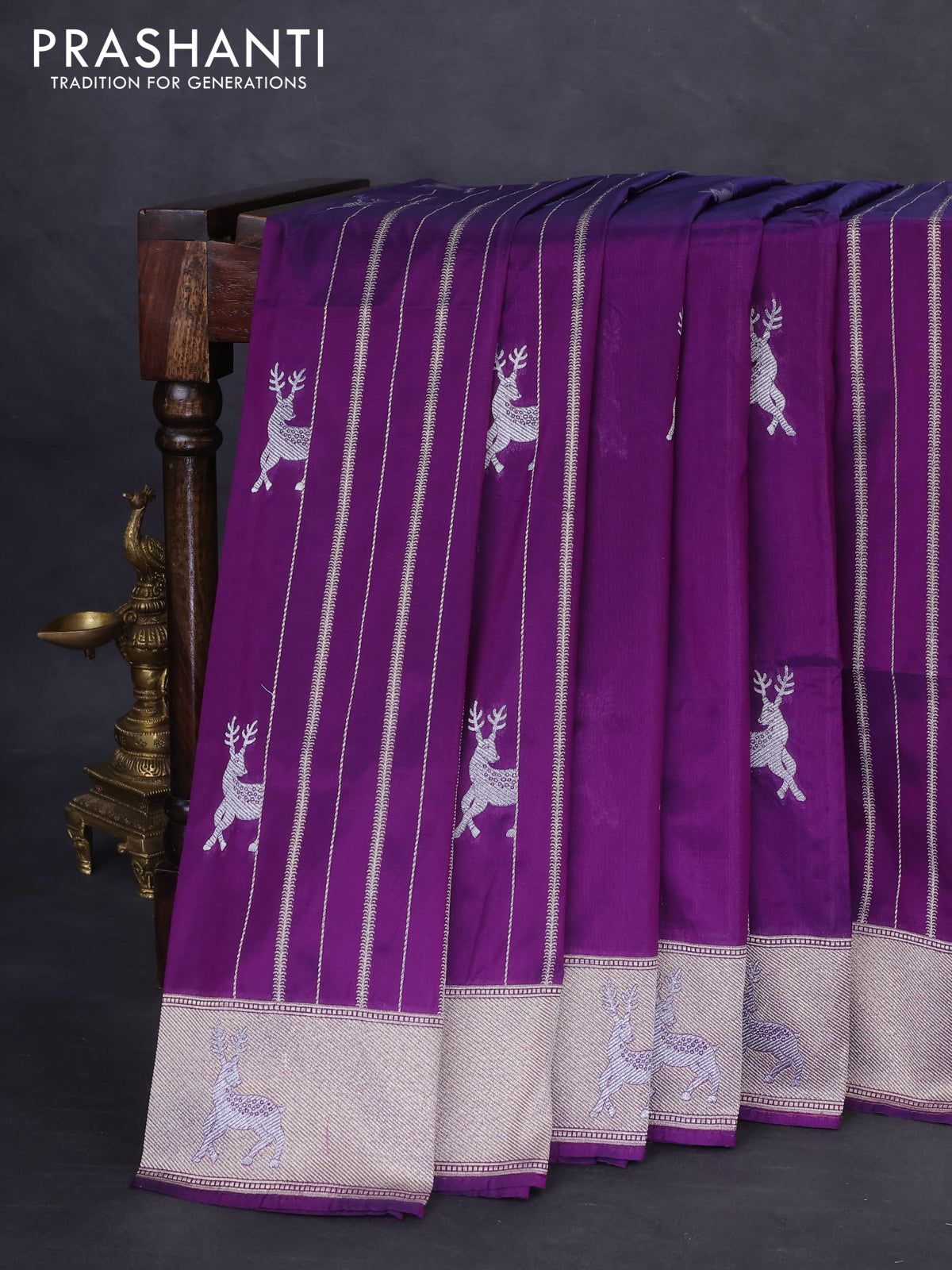 Banarasi semi katan silk saree purple with allover silver & gold zari weaves and deer design zari woven border