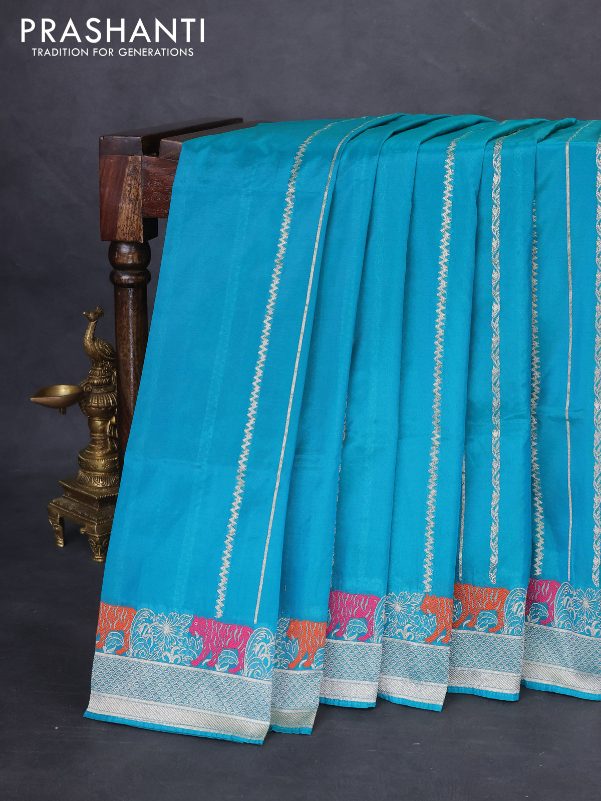 Banarasi semi katan silk saree teal blue with allover zari weaves and rich zari woven border