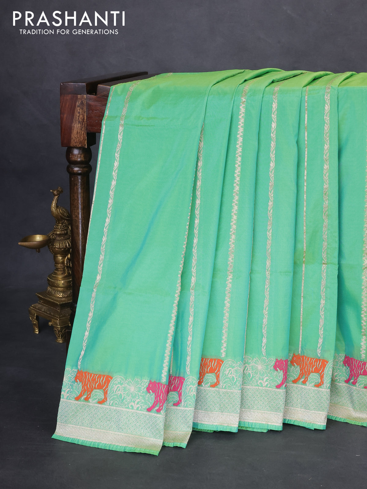 Banarasi semi katan silk saree teal green shade with allover zari weaves and rich zari woven border