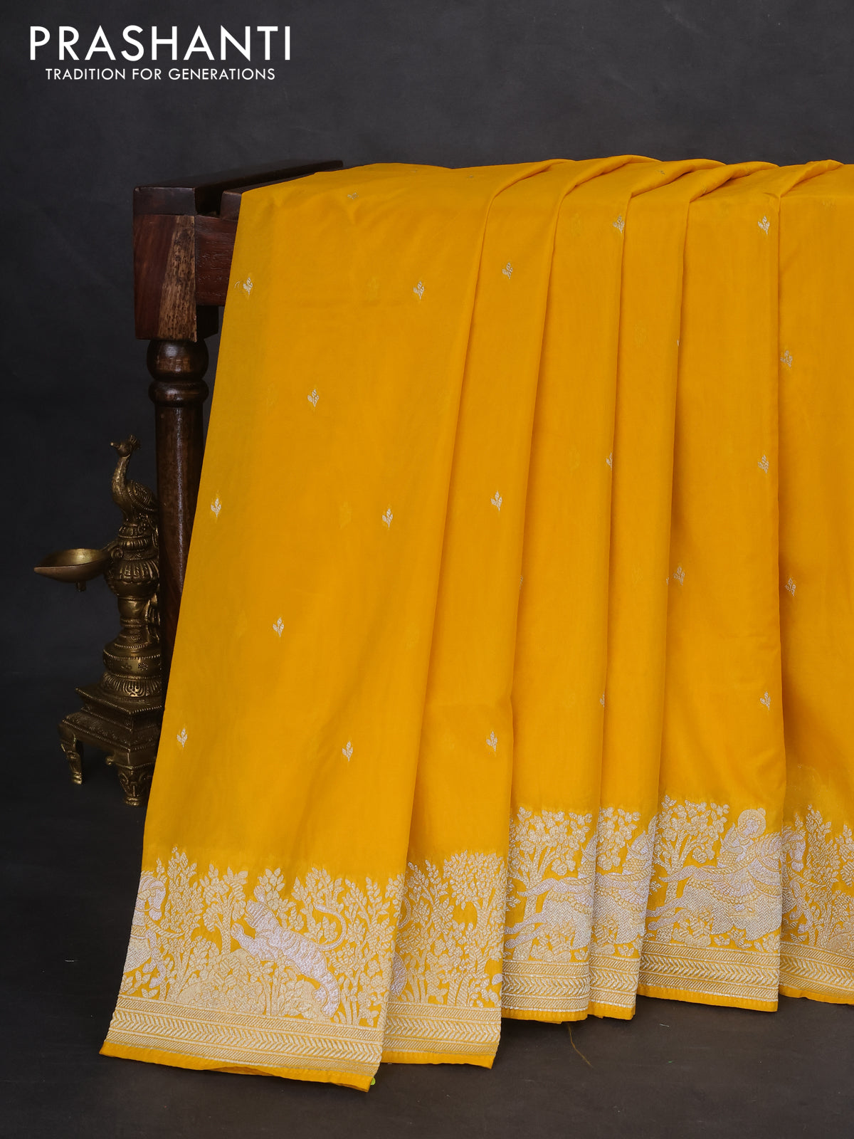 Banarasi semi katan silk saree yellow with silver zari woven buttas and rich zari woven border