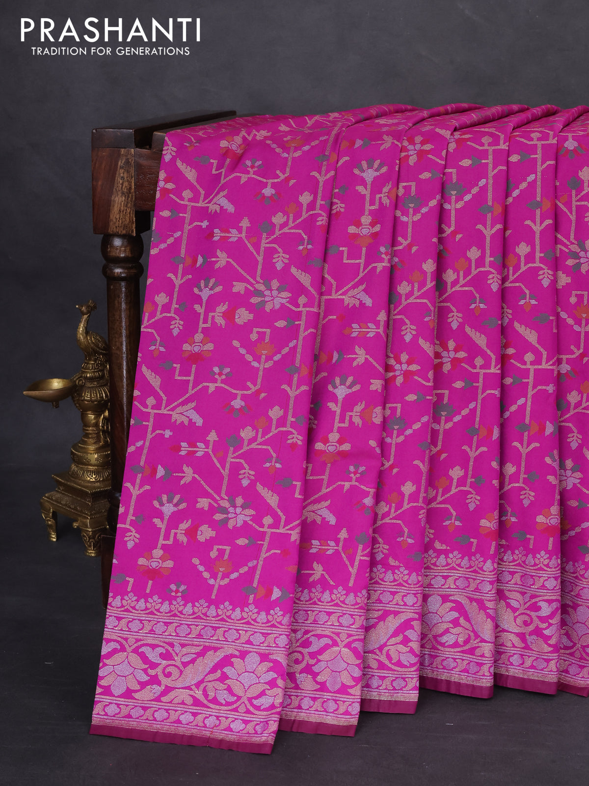 Banarasi semi katan silk saree purple with allover jamdhani weaves and rich zari woven border