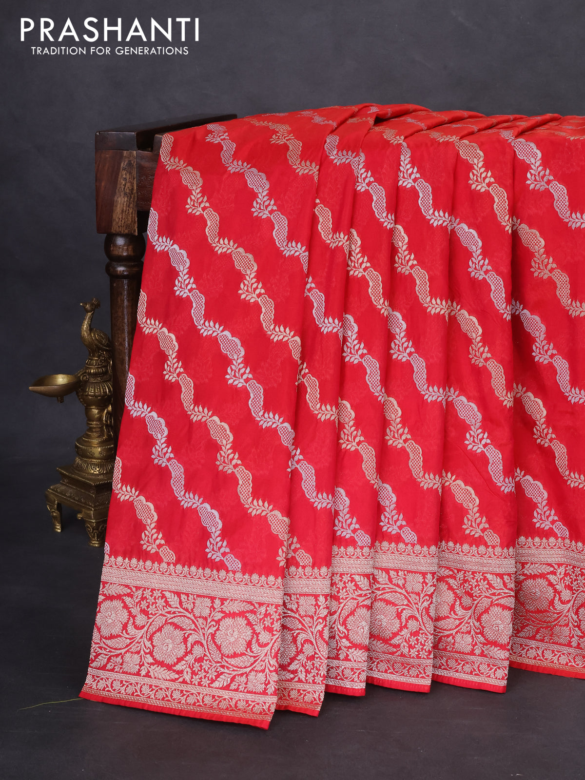 Banarasi semi katan silk saree red with allover silver & gold zari weaves and floral zari woven border