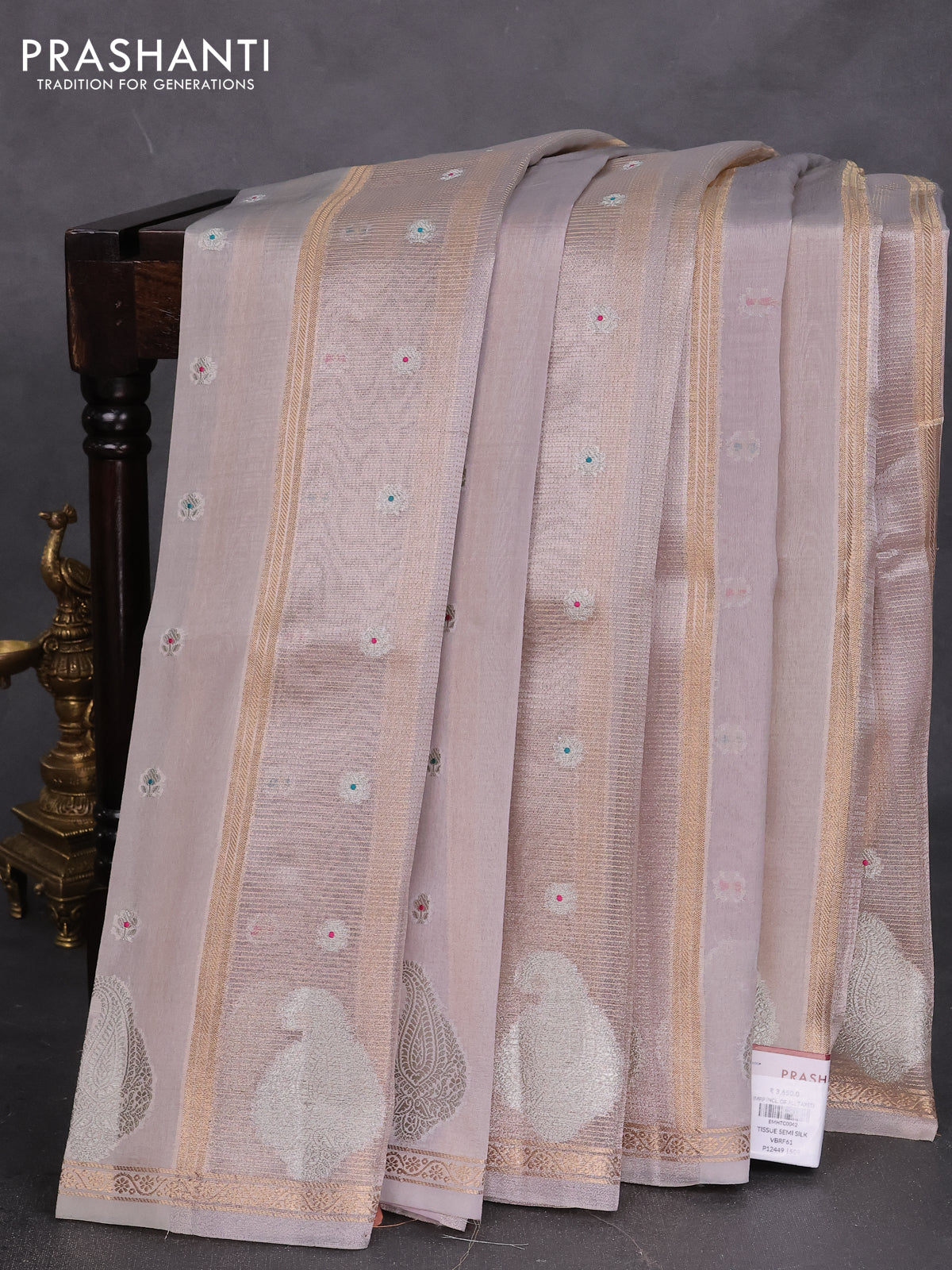 Banarasi tissue semi silk saree grey and lavender with zari weaves & floral buttas and silver zari woven butta border