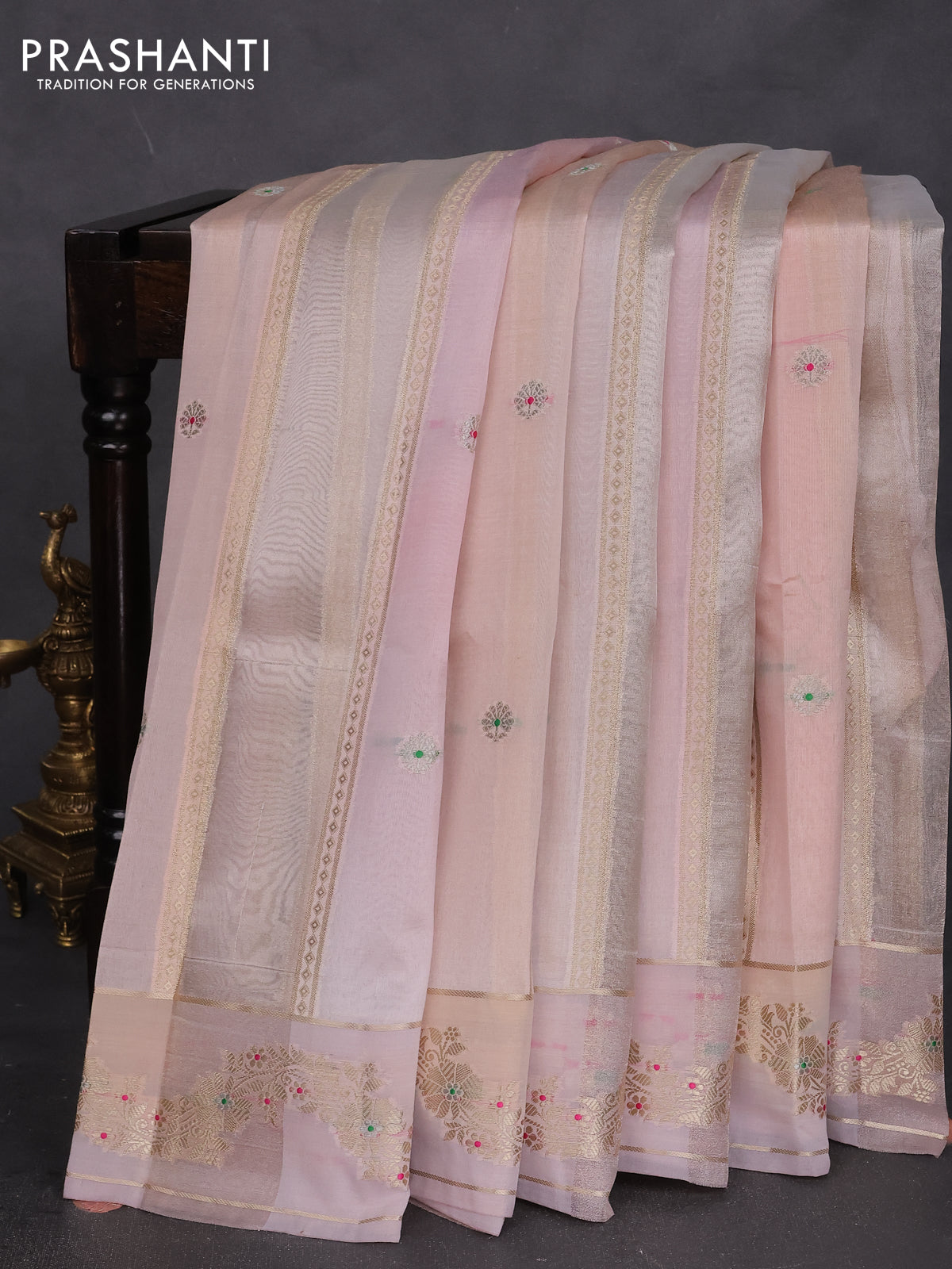 Banarasi tissue semi silk saree pastel peach with zari weaves & buttas and zari woven border