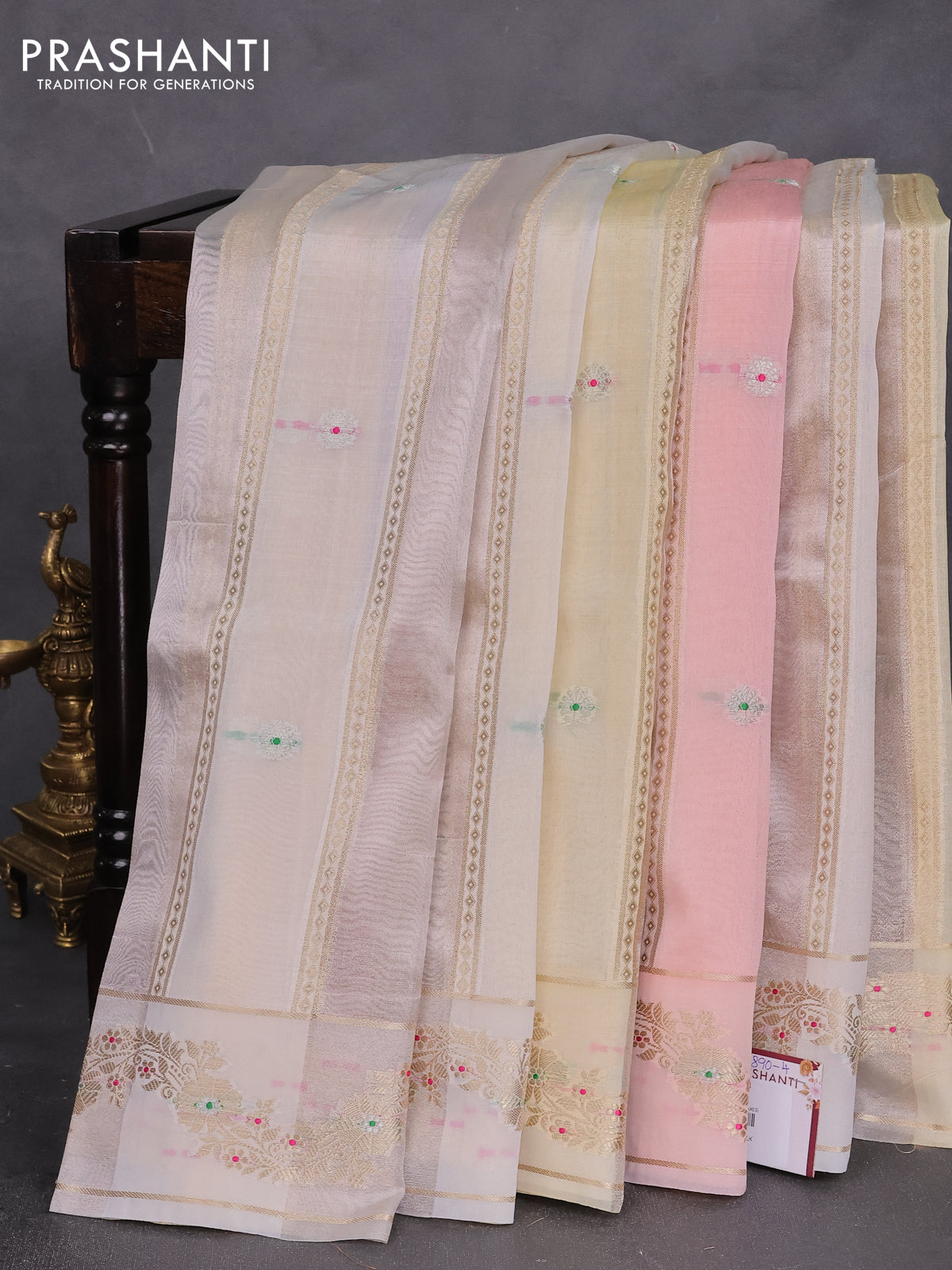 Banarasi tissue semi silk saree mild peach and cream with zari weaves & buttas and zari woven border