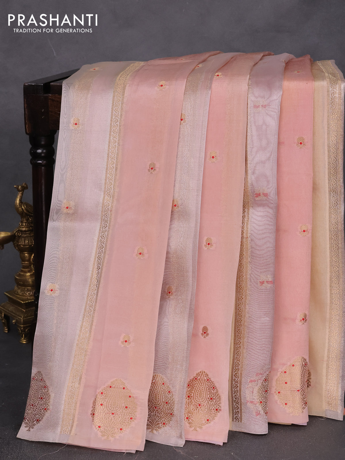 Banarasi tissue semi silk saree peach pink with zari weaves & buttas and zari woven butta border