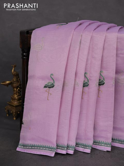Chanderi tissue saree lavender with embroidery buttas and simple temple design border