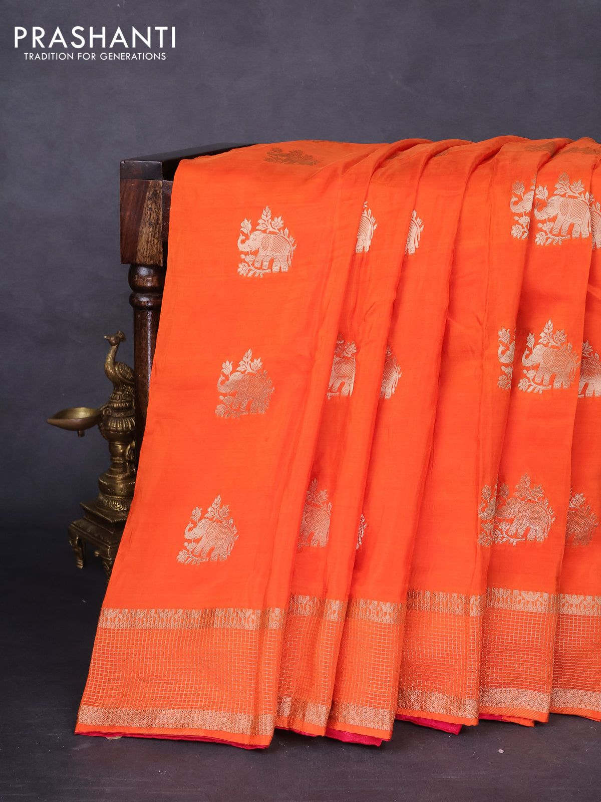 Banarasi silk saree orange and pink with zari woven elephant buttas and zari woven border