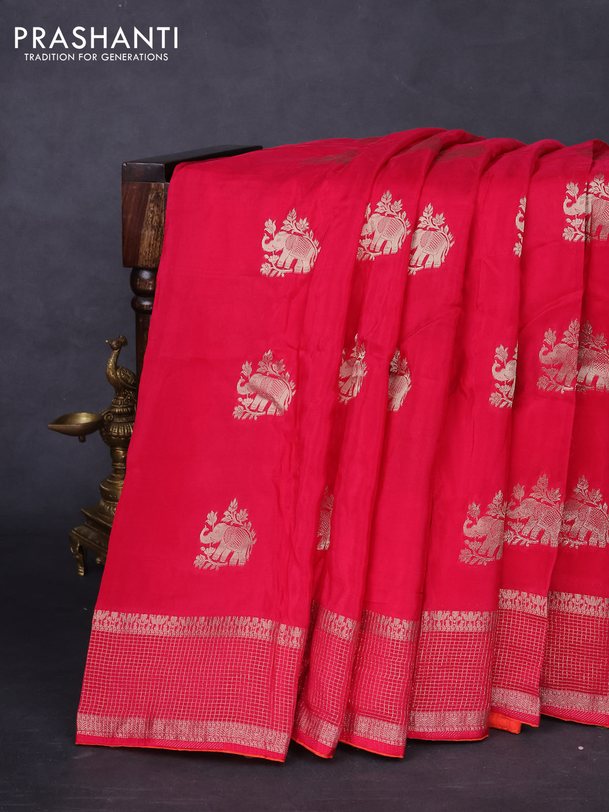 Banarasi silk saree pink and orange with zari woven elephant buttas and zari woven border