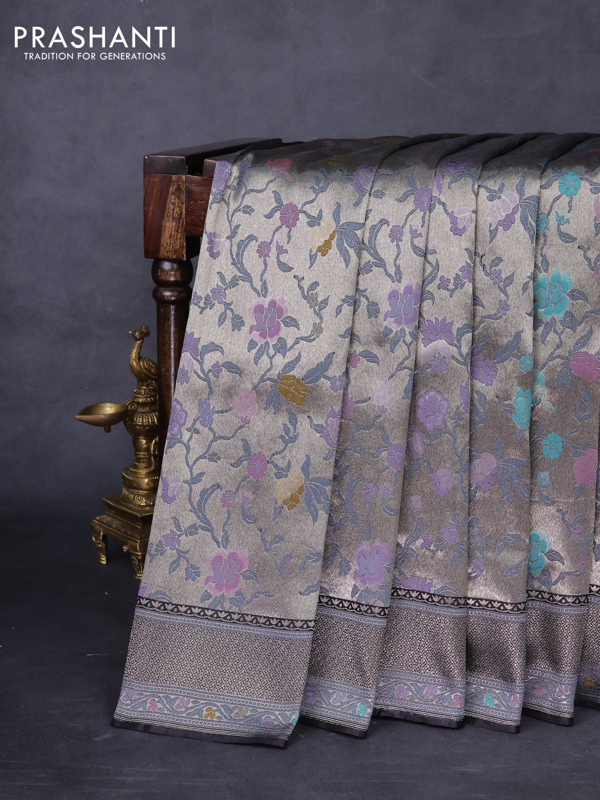 Banarasi tissue silk saree black with allover thread woven floral weaves and silver zari woven border