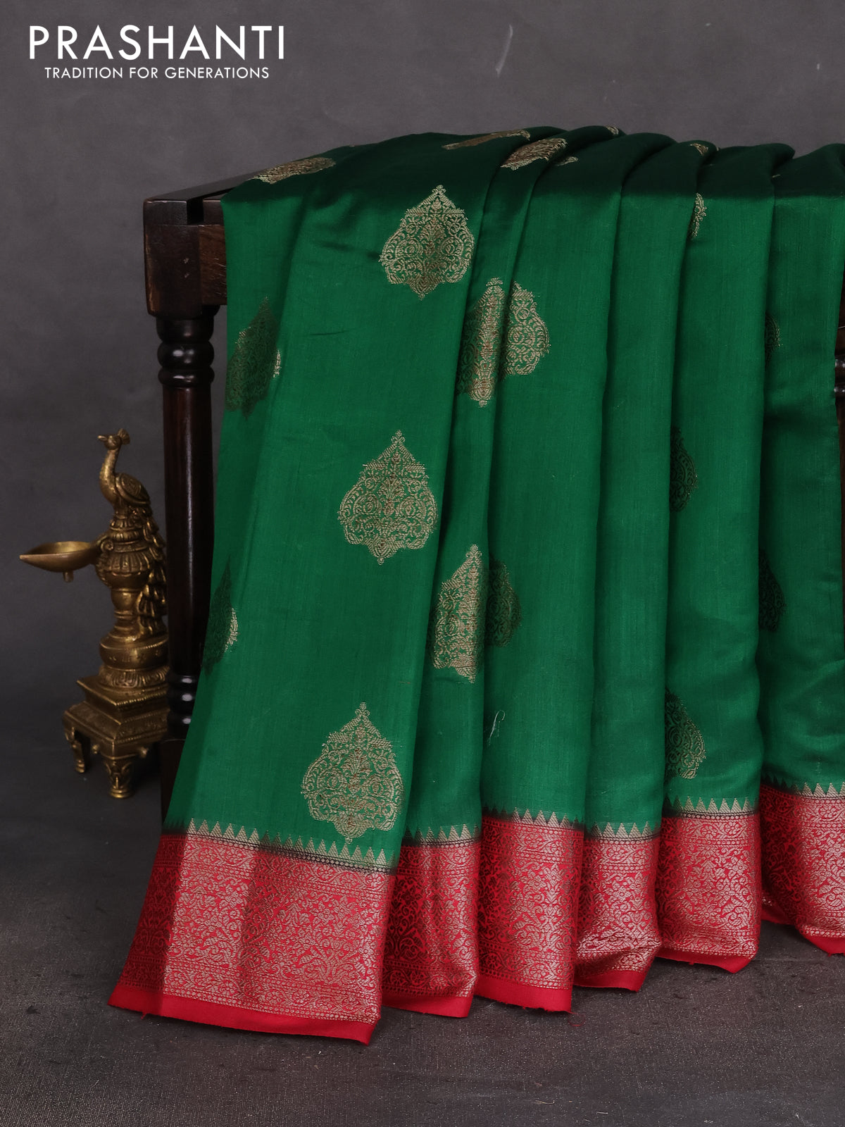 Chiniya silk saree green and maroon with thread & zari woven buttas and woven border
