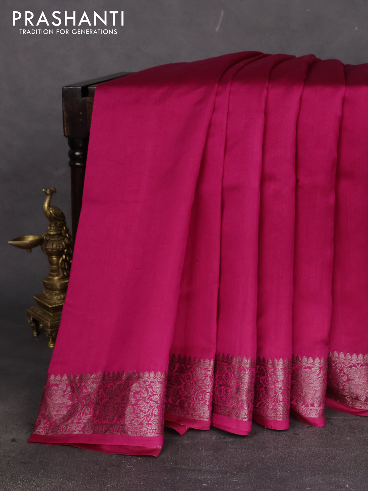 Chiniya silk saree dark magenta pink with plain body and woven border