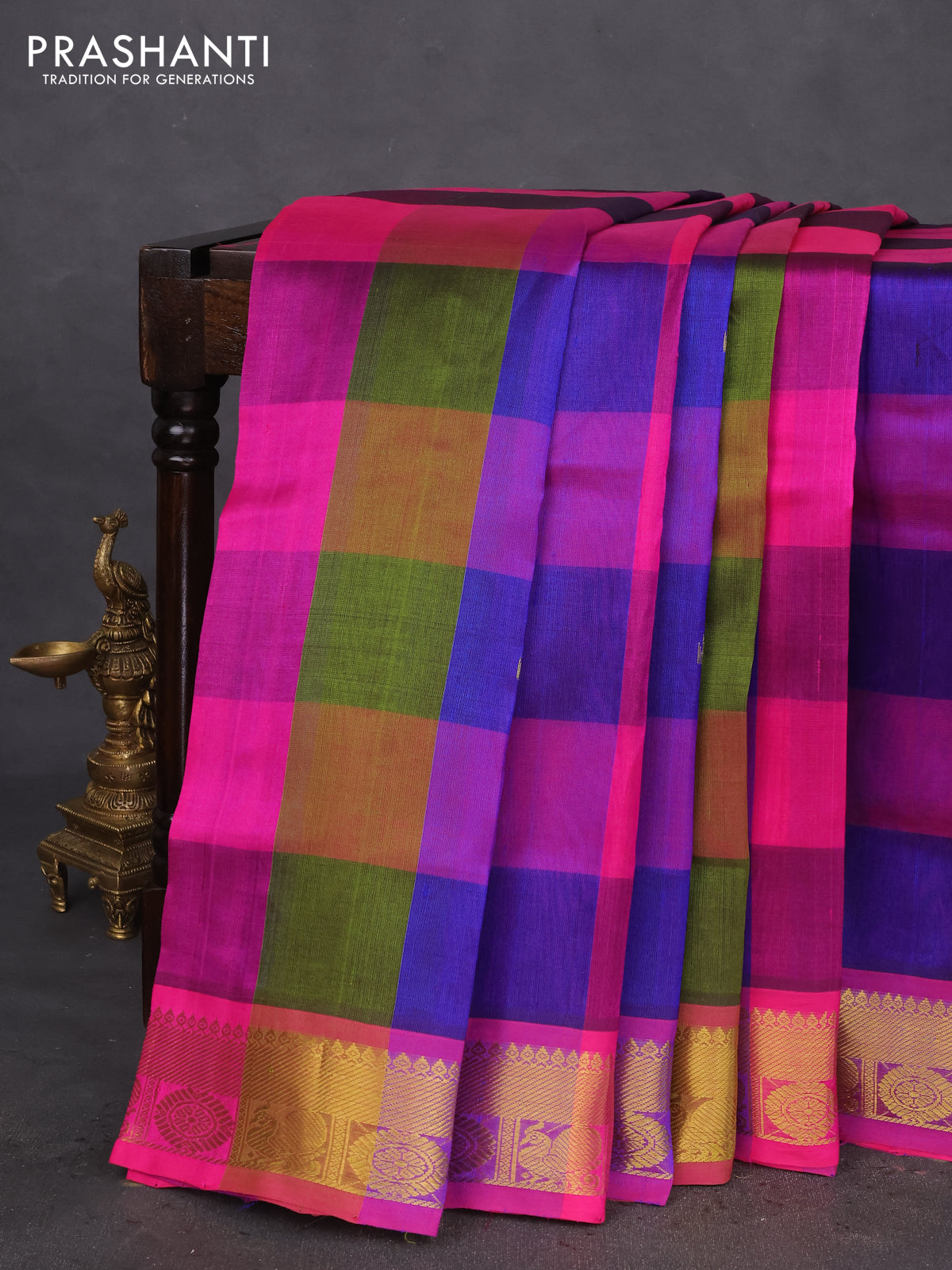 10 Yards silk cotton saree multi colour and pink with allover paalum pazhamum checks & zari buttas and rudhraksha & annam zari woven border