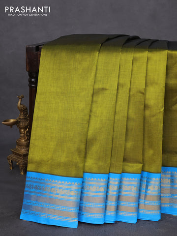 10 Yards silk cotton saree mehendi green and cs blue with plain body and zari woven korvai border