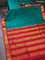 10 yards silk saree green and red with plain body and temple design zari woven border