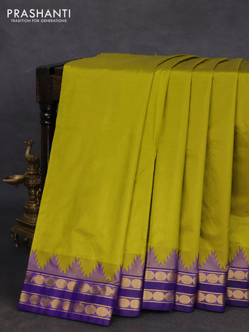 10 yards silk saree lime green and blue with plain body and temple design rettapet zari woven border