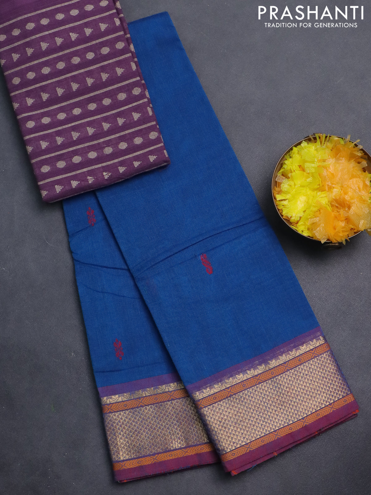 Chettinad cotton saree cs blue and maroon with thread woven buttas and zari woven border