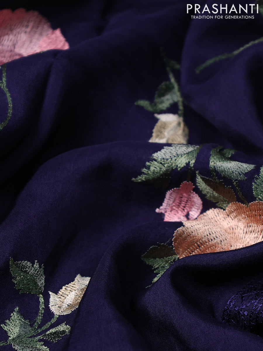 Dola silk saree dark blue with allover floral embroidery work and chik ...