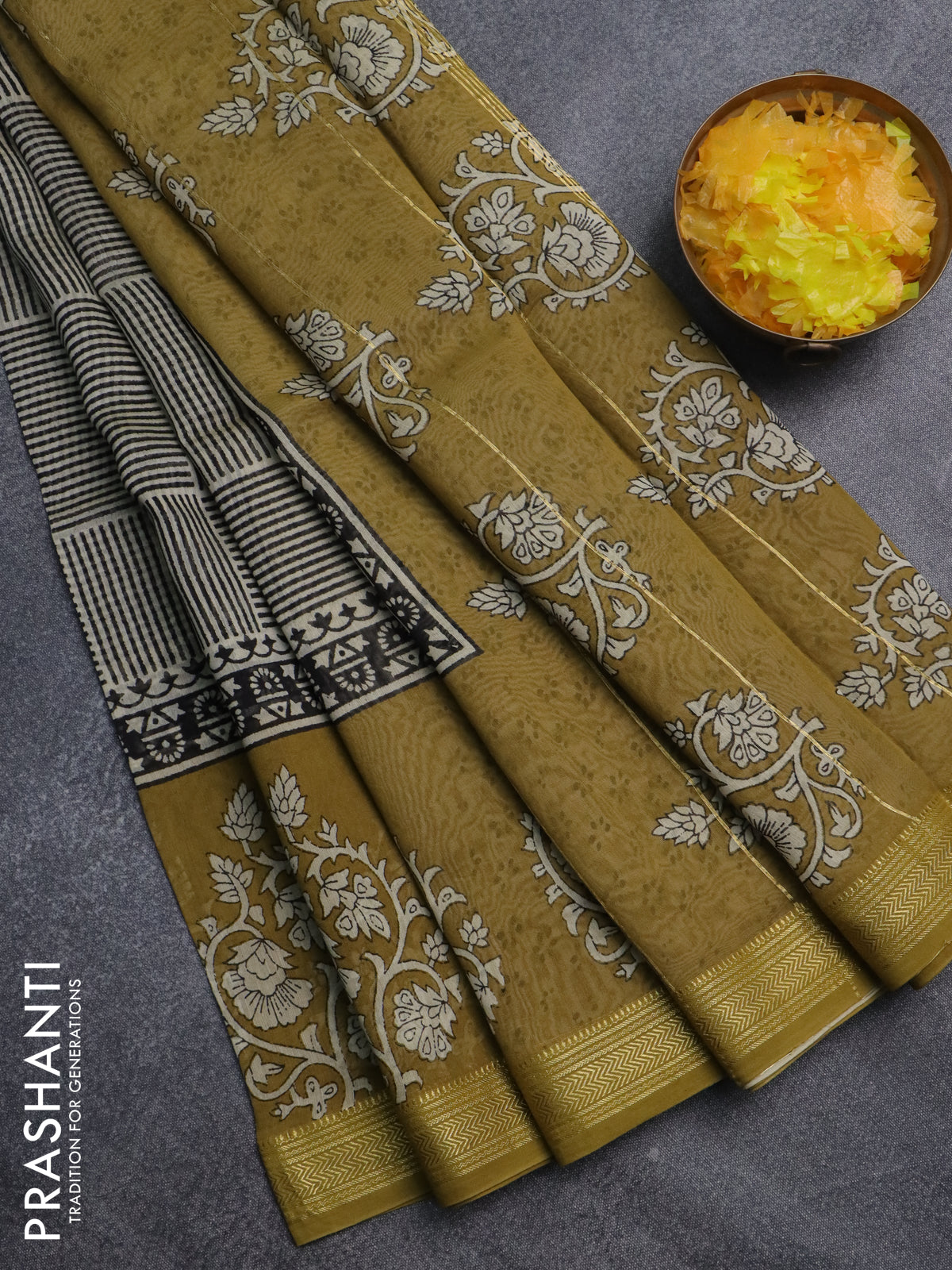 Chanderi bagru saree cream black and mehendi green with allover stripe pattern and maheswari border