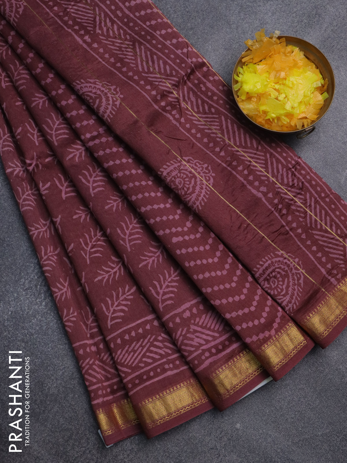 Chanderi bagru saree maroon shade with allover prints and maheswari border