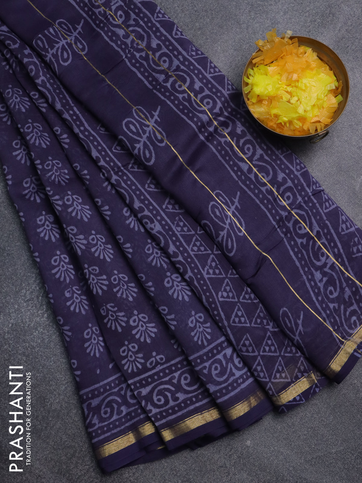 Chanderi bagru saree navy blue with allover butta prints and small zari woven border