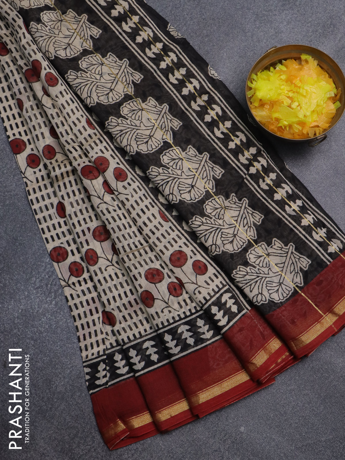 Chanderi bagru saree beige black and maroon with allover prints and small zari woven border