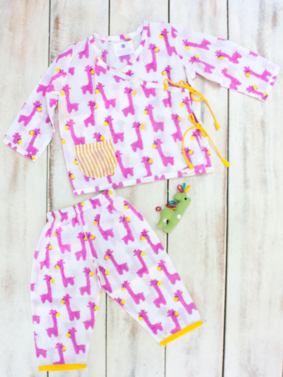 Pink Giraffe Organic Cotton Block Printed Angrakha Set
