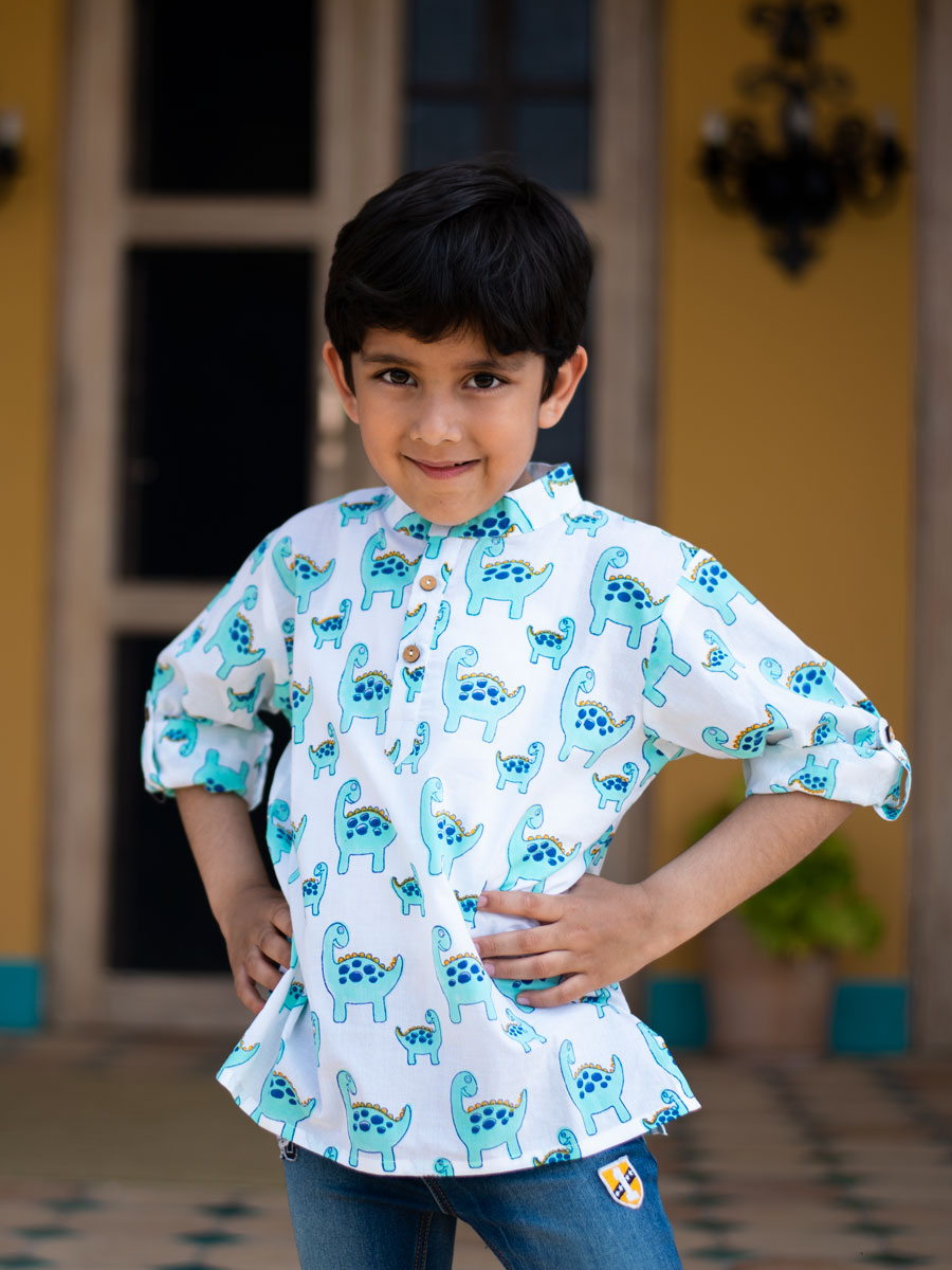 Dino Organic Cotton Shirt Kurta with Roll Up Sleeves
