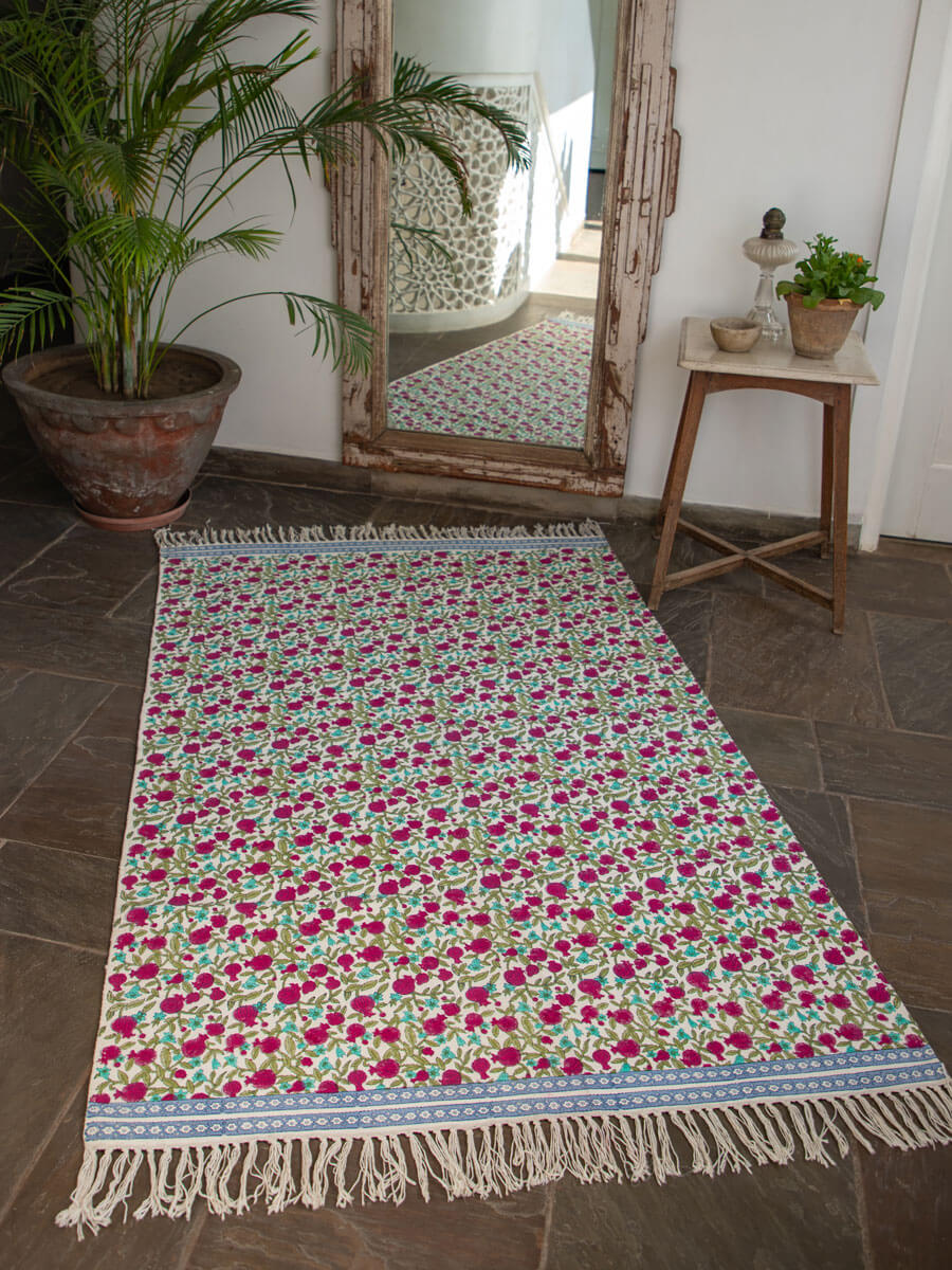 Fruits of Paradise Block Printed Cotton Dhurrie Rug