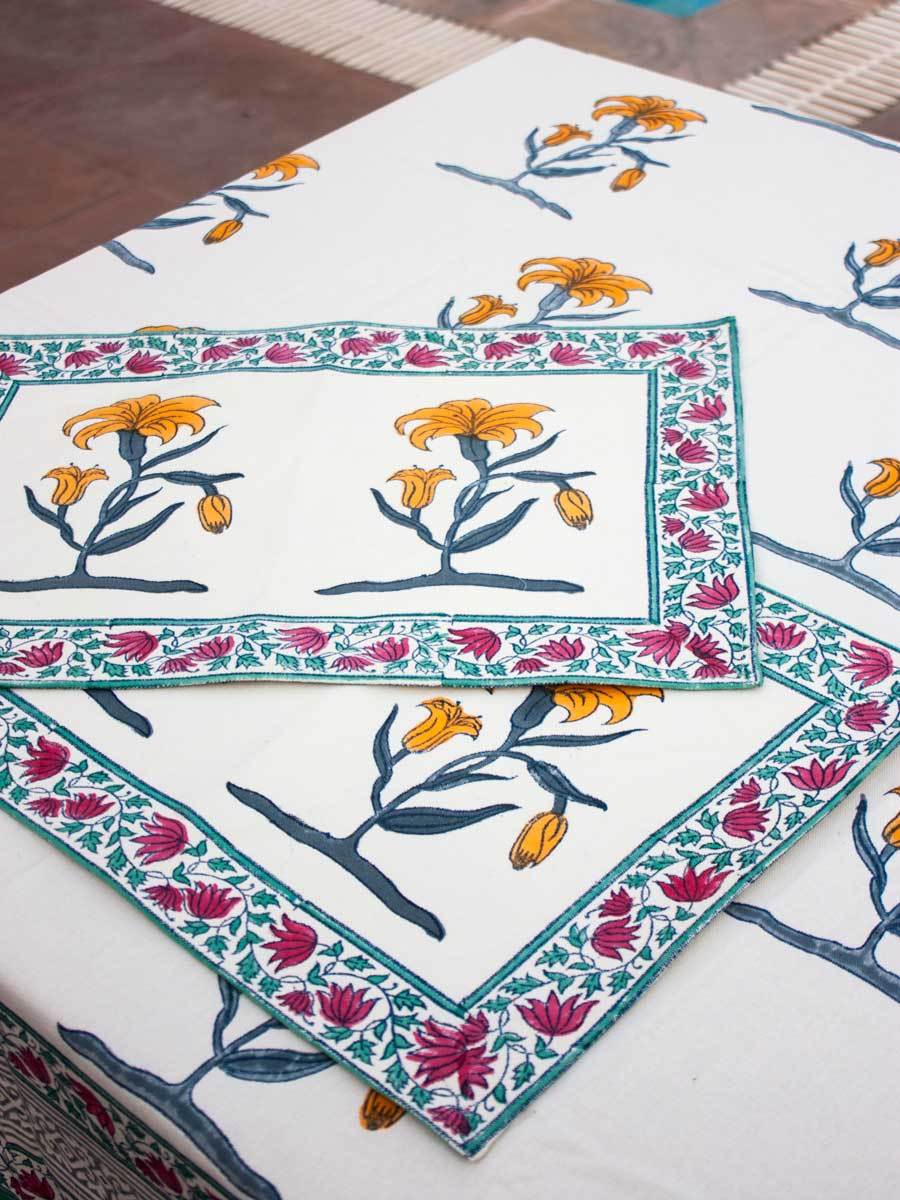 Floral Poetry Block Printed Cotton Table Mats - Set of 6