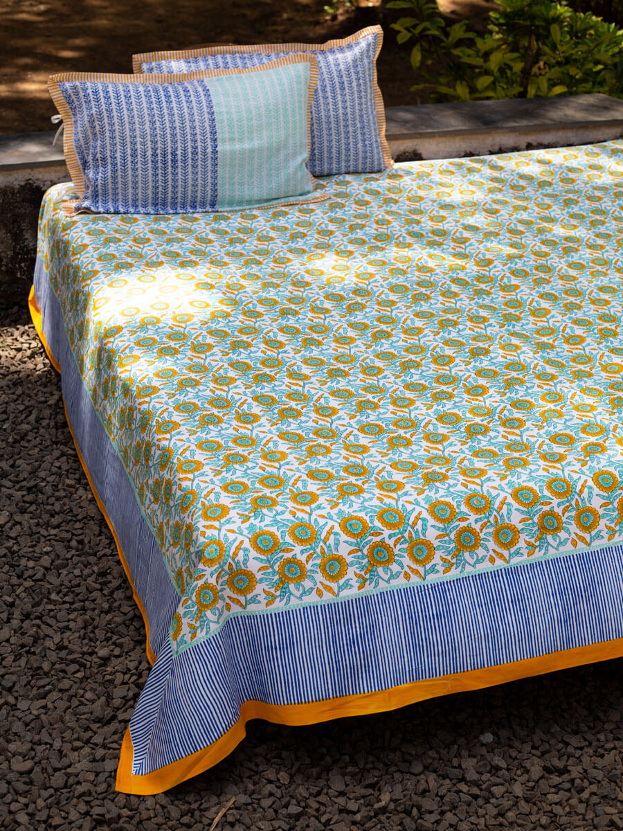 Sunflower Fields Block Printed Cotton Bedsheet