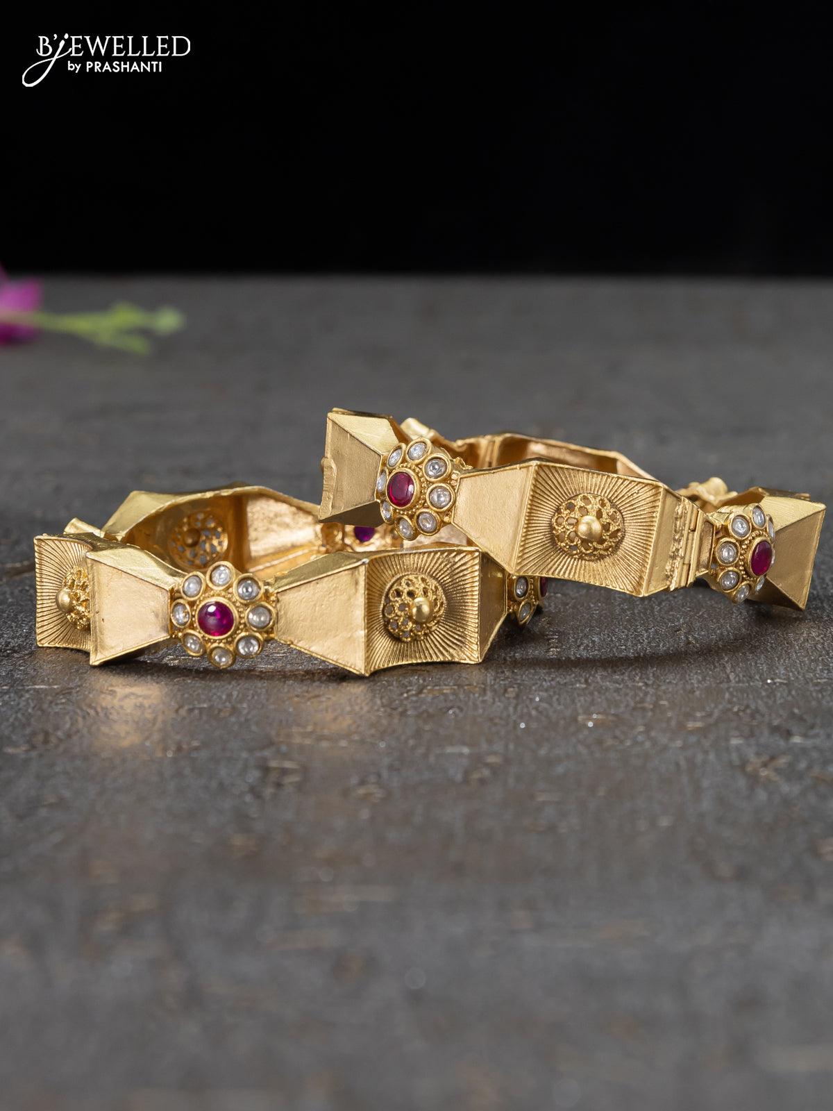 Antique screw type bangles floral design with pink kemp and cz stones