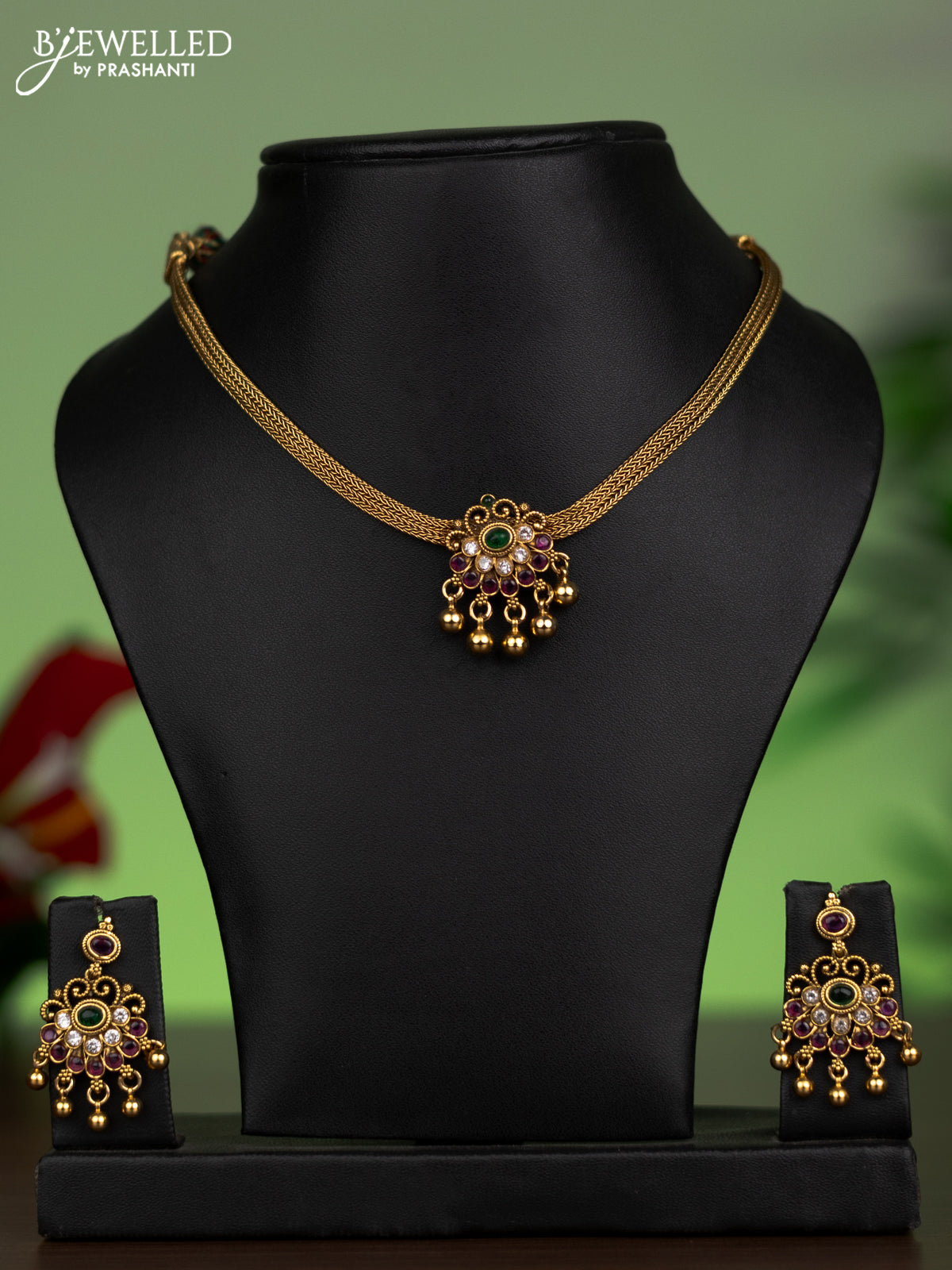 Antique attigai necklace with kemp & kundan stones and golden beads hanging