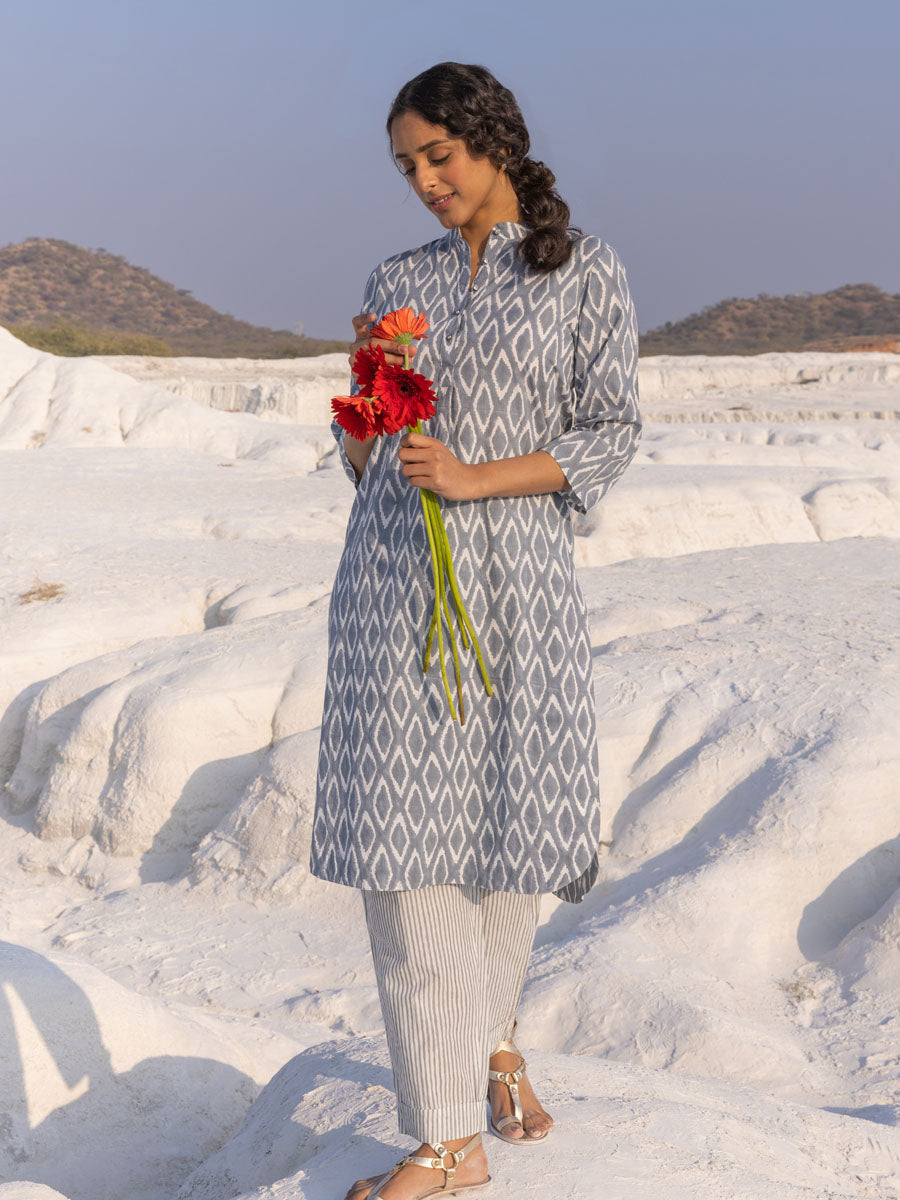 Grey Ikat Handblock Printed Cotton Kurta