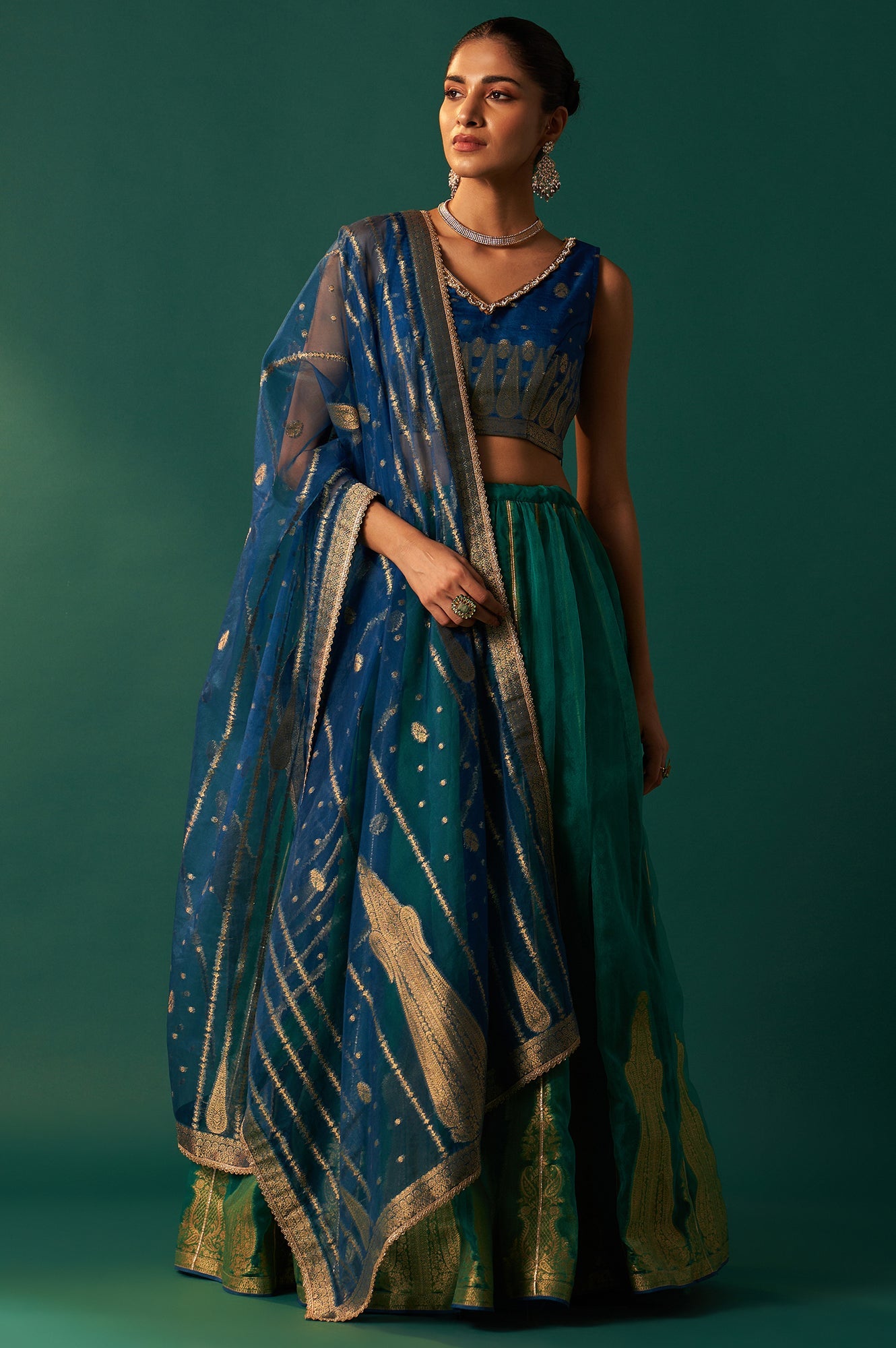 Blue Zari Embroidered Jacquard Blouse with Parrot Green Lehenga and Dupatta Set