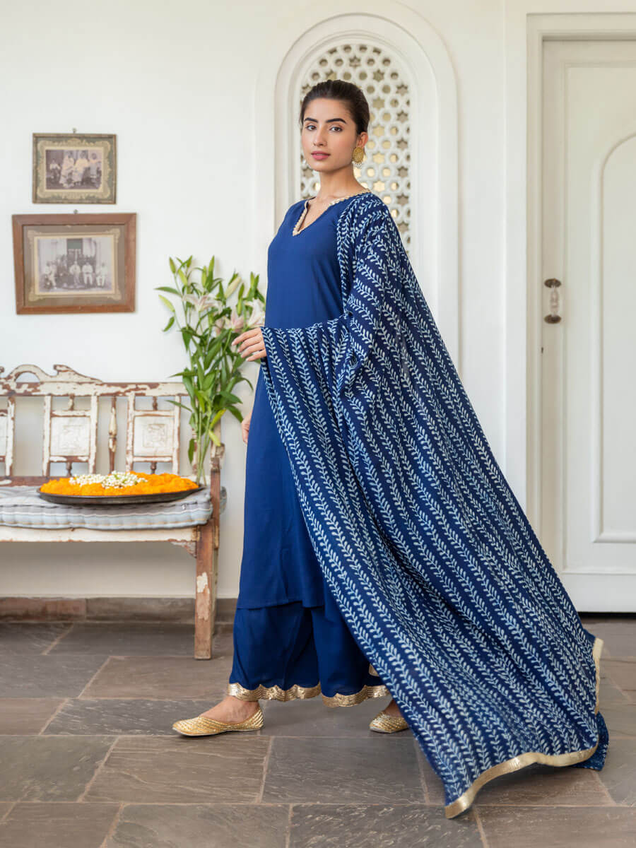 Sanaa Indigo Block Printed Modal Silk Dupatta