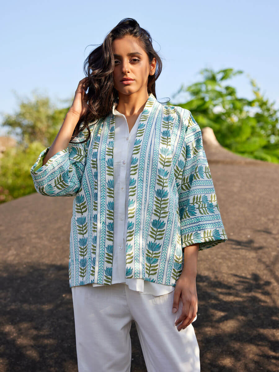 Silk Route Block Printed Cotton Kimono Jacket