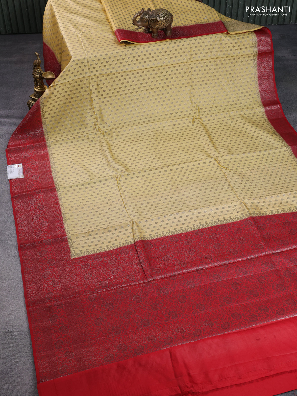 Chiniya silk saree pale yellow and red with allover thread & zari woven buttas and banarasi style border