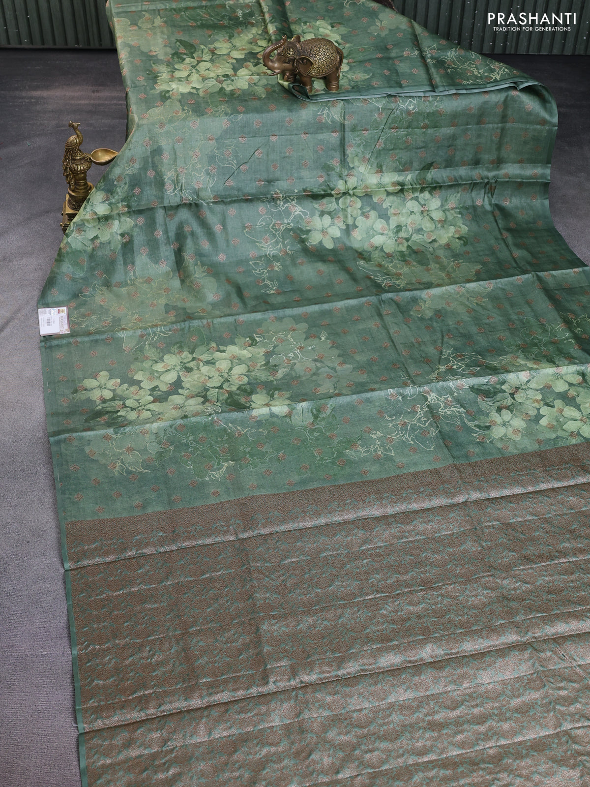 Banarasi tussar silk saree green with woven buttas & floral digital prints and piping border