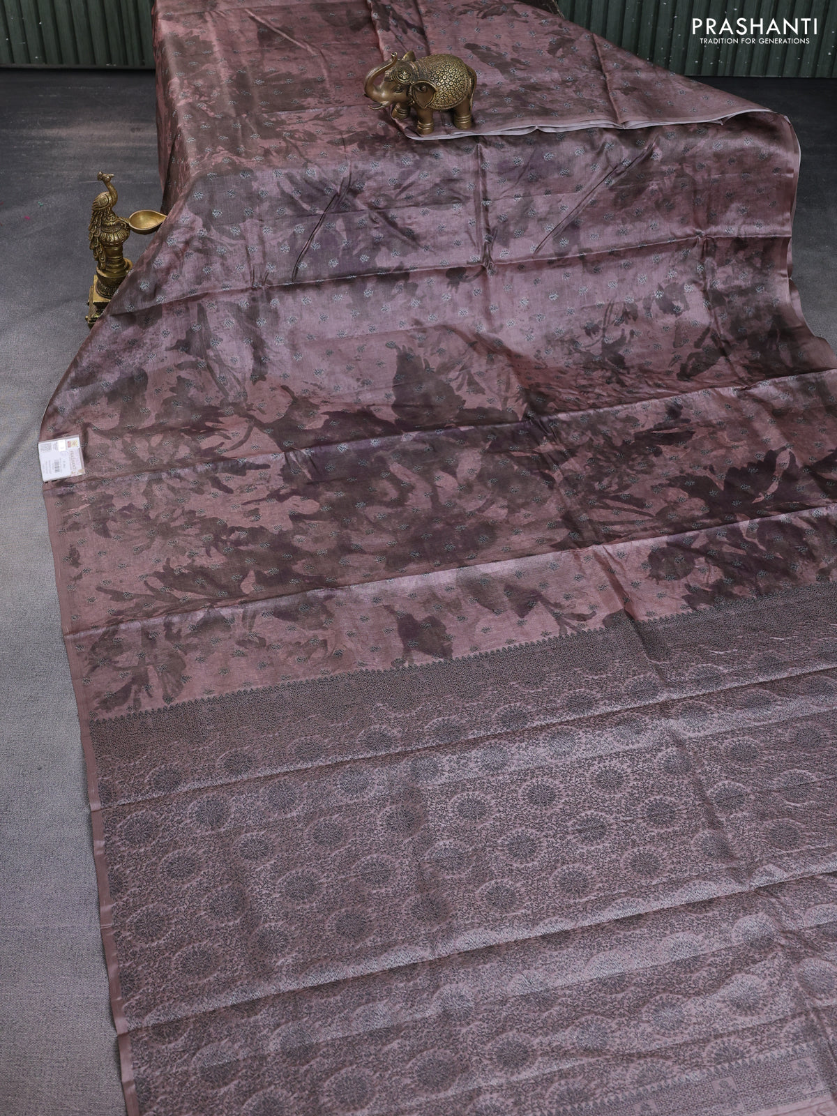 Banarasi tussar silk saree brown shade with woven buttas & digital prints in borderless style