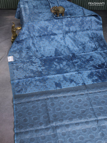Banarasi tussar silk saree pastel blue with woven buttas & digital prints in borderless style