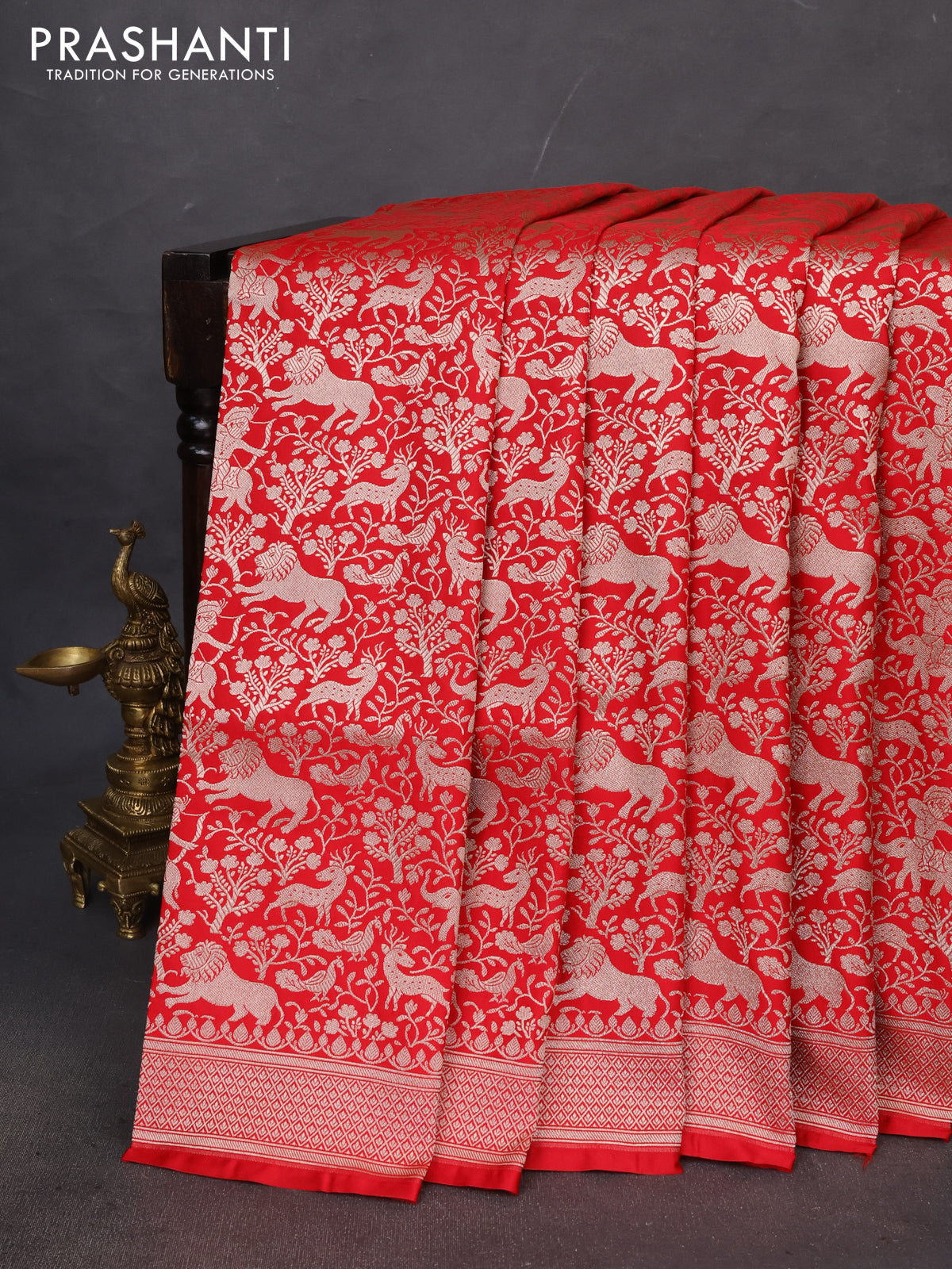 Banarasi semi katan saree red with allover vanasingaram zari weaves and woven border