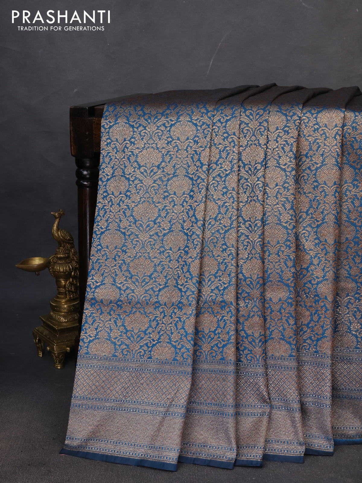 Banarasi semi katan saree peacock blue with allover thread & zari woven brocade pattern and woven border