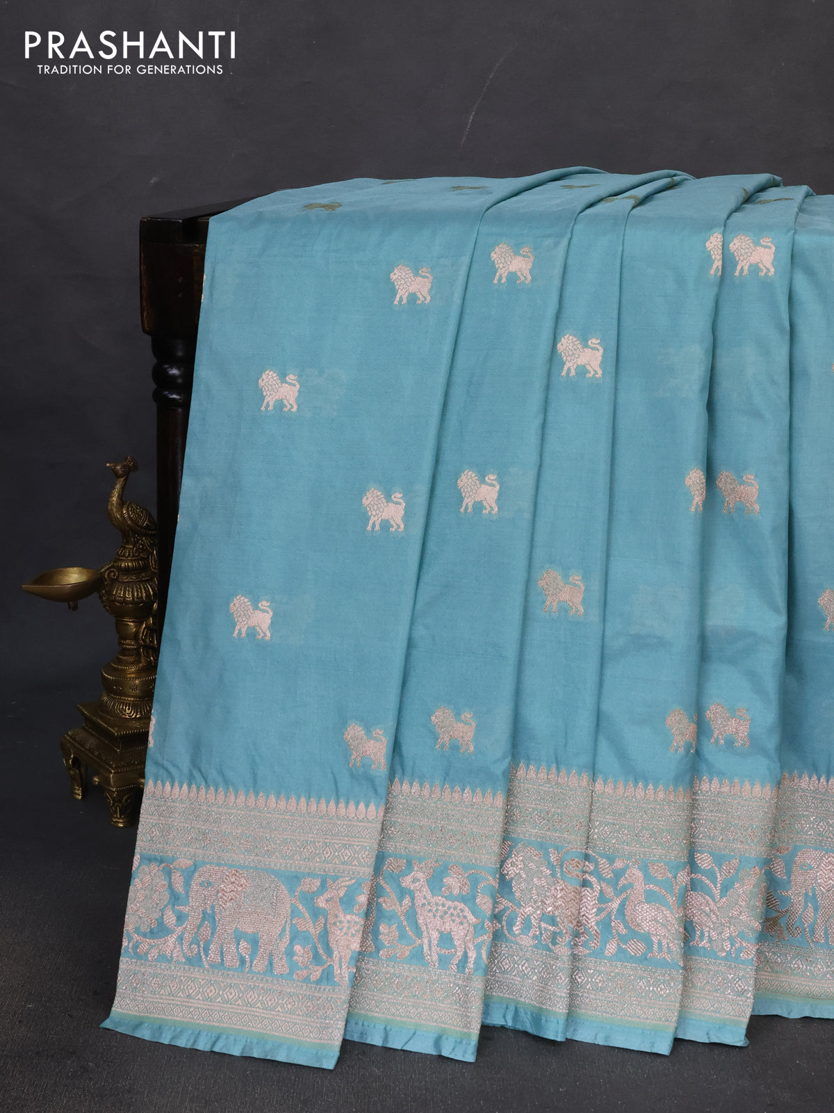 Banarasi semi katan saree teal blue with lion zari woven buttas and rich zari woven butta border