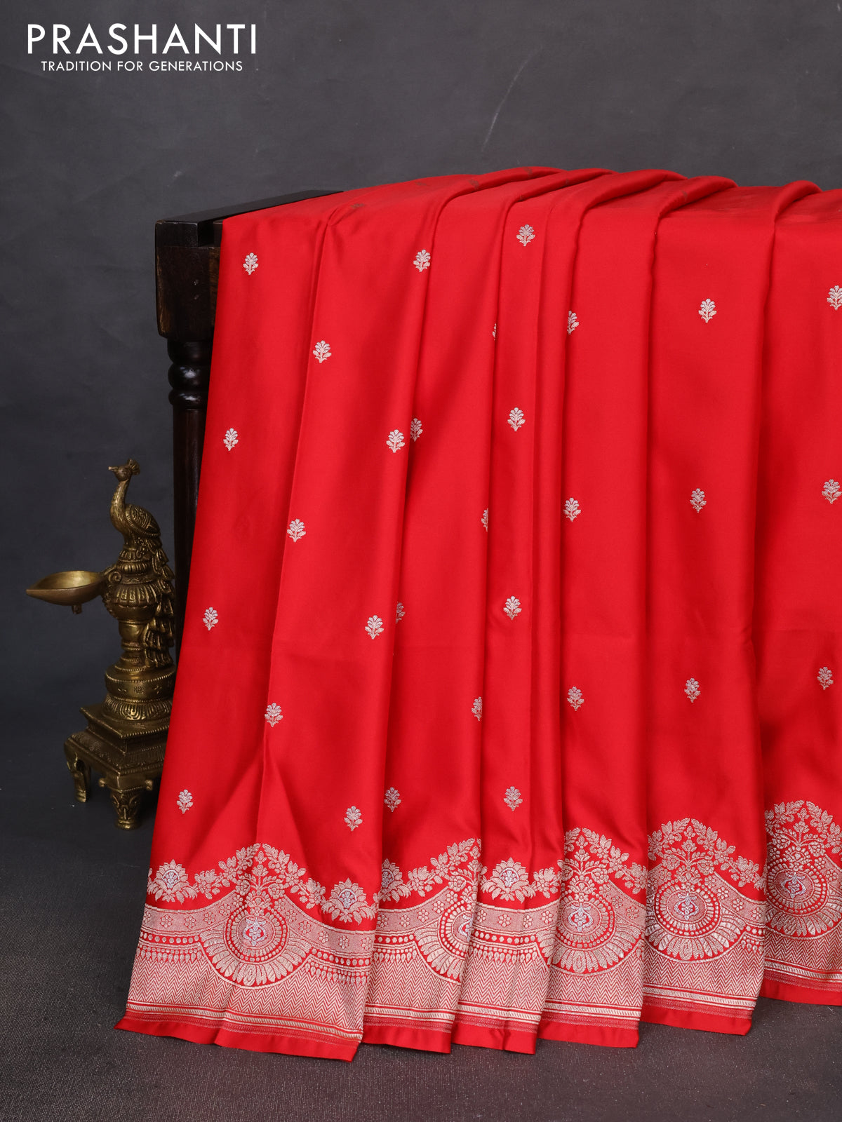 Banarasi semi katan saree red with silver & gold zari woven buttas and rich zari woven border
