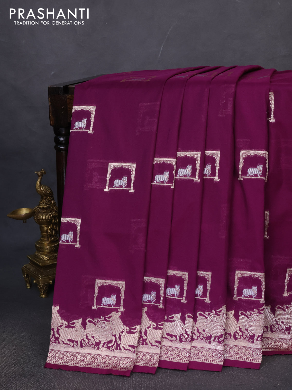 Banarasi semi katan saree deep purple with zari woven buttas and zari woven border