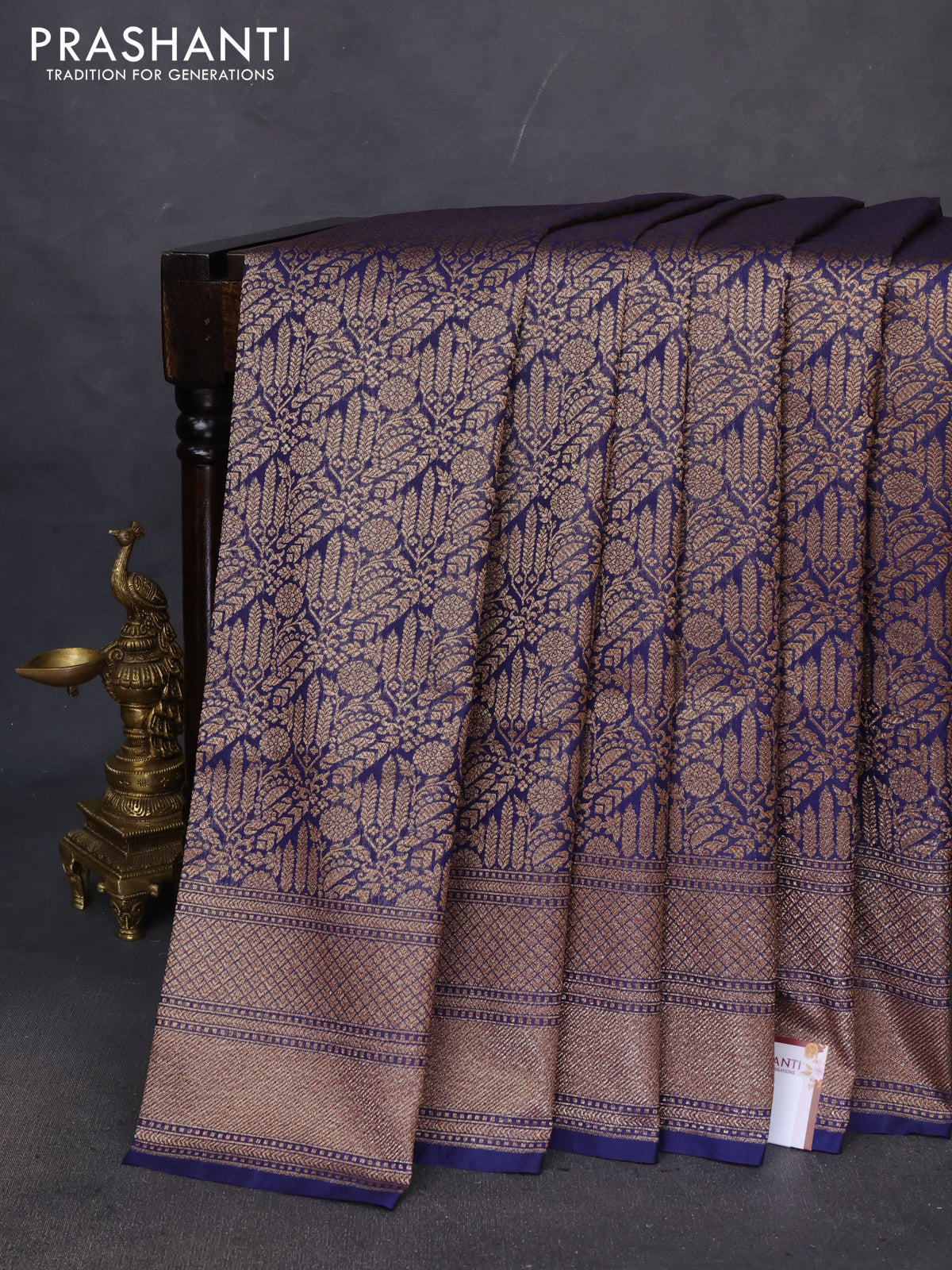 Banarasi semi katan saree navy blue with allover thread & zari woven brocade weaves and woven border